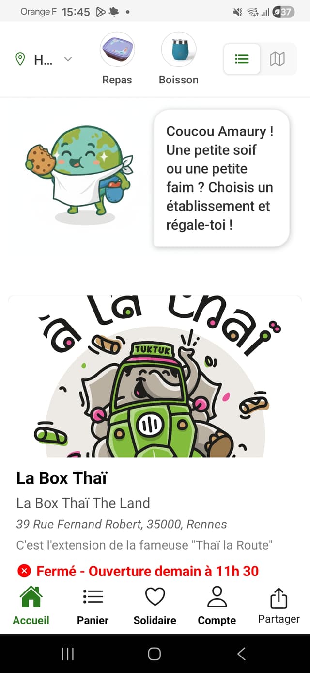 Accueil personnalisé – aperçu de l’application Csibon côté utilisateur