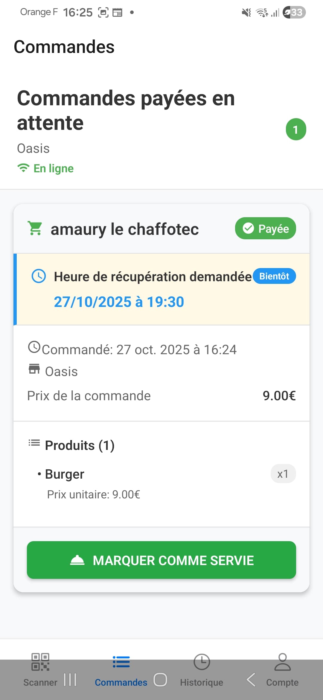 Tableau de bord des commandes – interface Csibon pour les équipes CHR