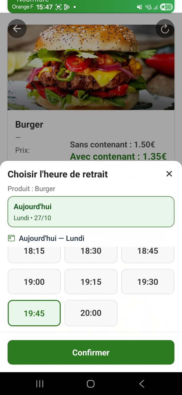 choix horaire – aperçu de l’application Csibon côté utilisateur